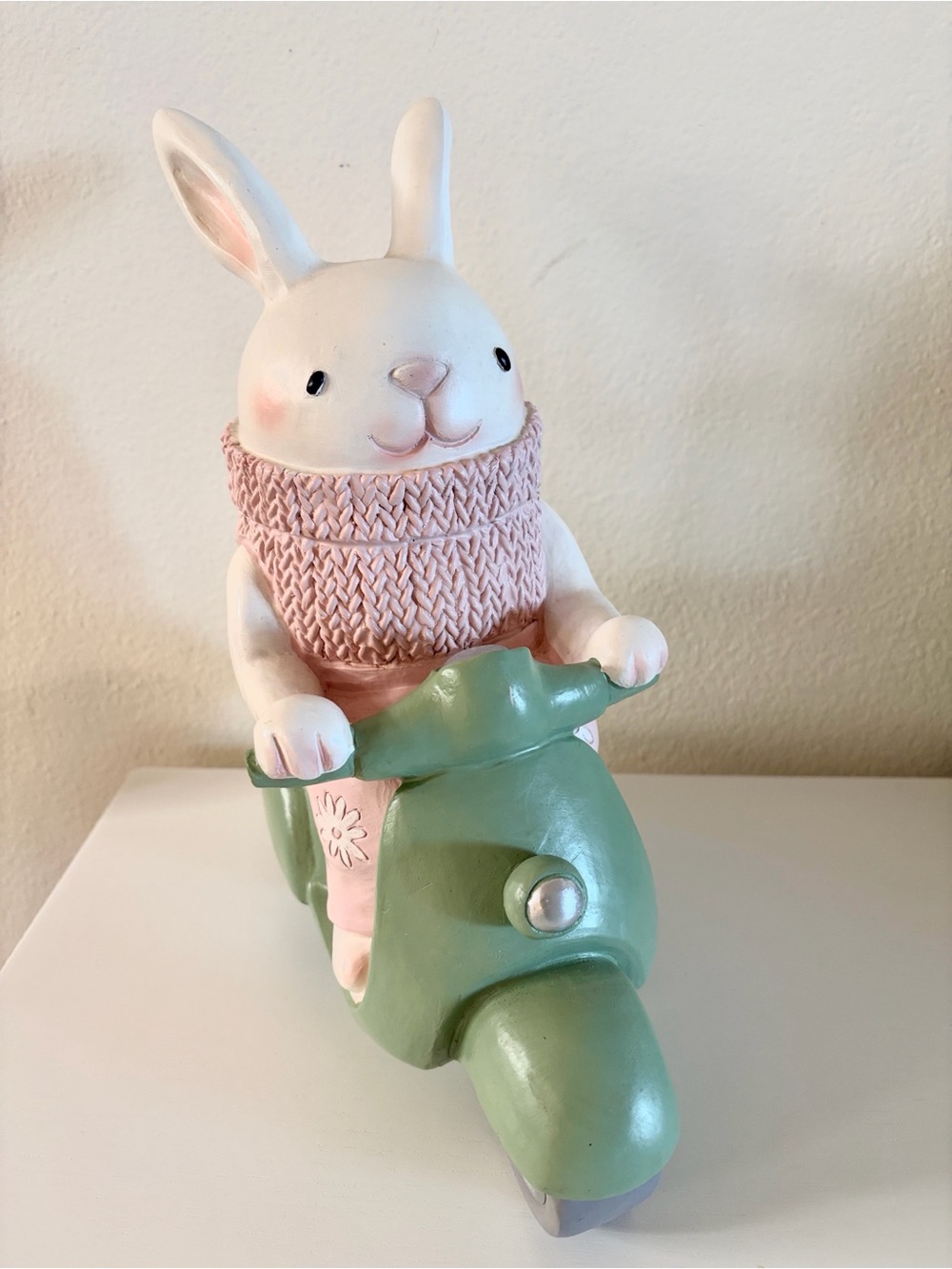🐰Decorative White Bunny Figurine on Green Scooter with Pink Sweater